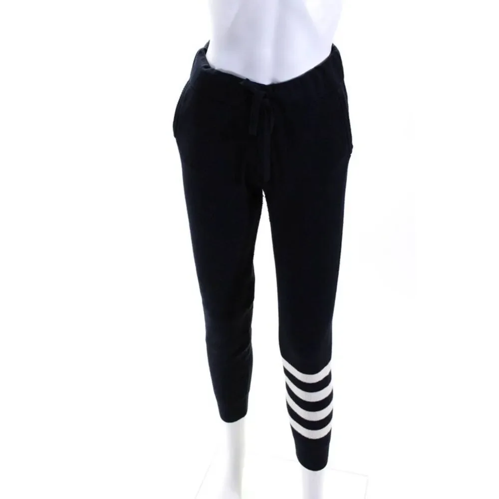 Monrow Womens Striped Knit High Waist Joggers Sweatpants Navy Blue Size Small